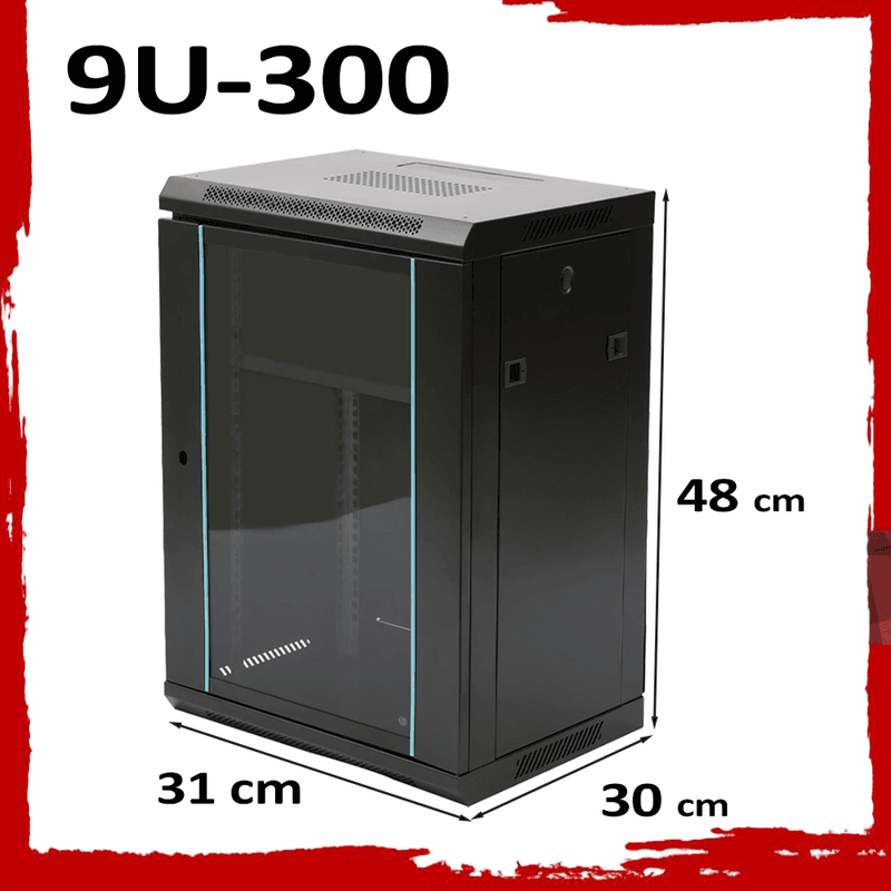 9U 10" Black Network Cabinet - 300mm Wall Rack for Patch Panel, Switch, LAN