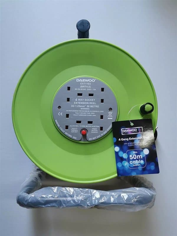 50m 4 Way Extension Cable Reel 13A Heavy Duty Green - Image 1