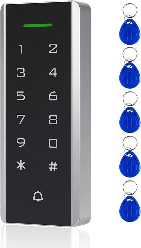 Door Access Control System, 125KHz Proximity ID Card Access Control Keypad Support 1000 Users ID Card Reader Digital Keypad + 5PCS Keychains for Entry Access Controller Gate Opener